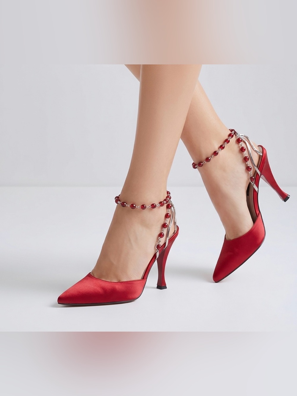 NINE WEST Red Satin Pointed-Toe Ankle-Strap Heels With Bling